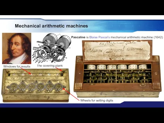 Mechanical arithmetic machines Pascaline is Blaise Pascal’s mechanical arithmetic machine (1642) Windows for