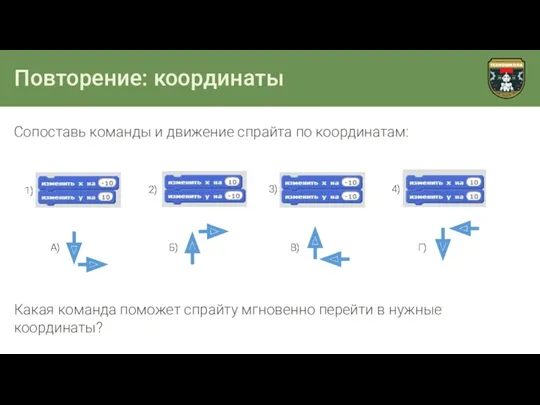 Повторение: координаты Сопоставь команды и движение спрайта по координатам: Какая