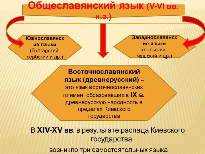 В XIV-XV вв. в результате распада Киевского государства возникло три самостоятельных языка Общеславянский