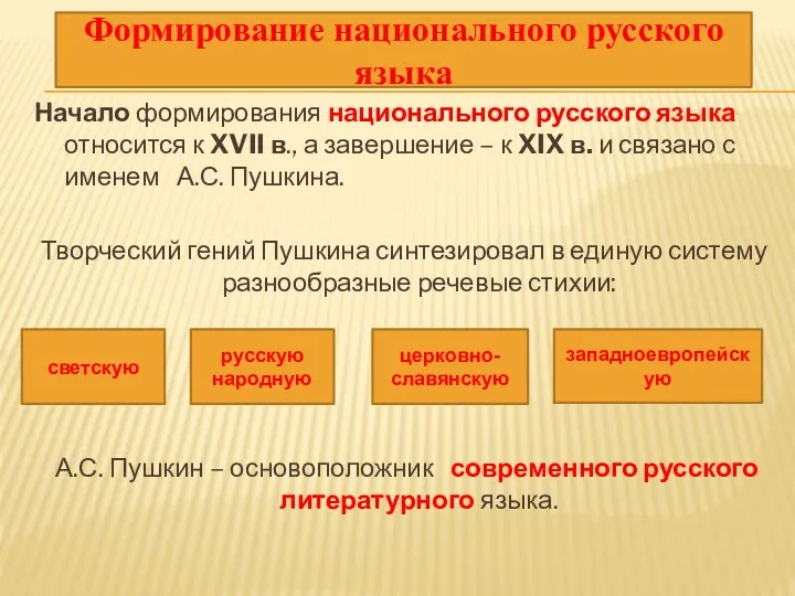 Начало формирования национального русского языка относится к XVII в., а завершение – к