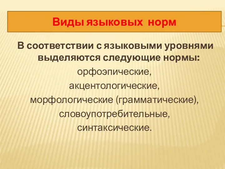 В соответствии с языковыми уровнями выделяются следующие нормы: орфоэпические, акцентологические, морфологические (грамматические), словоупотребительные,