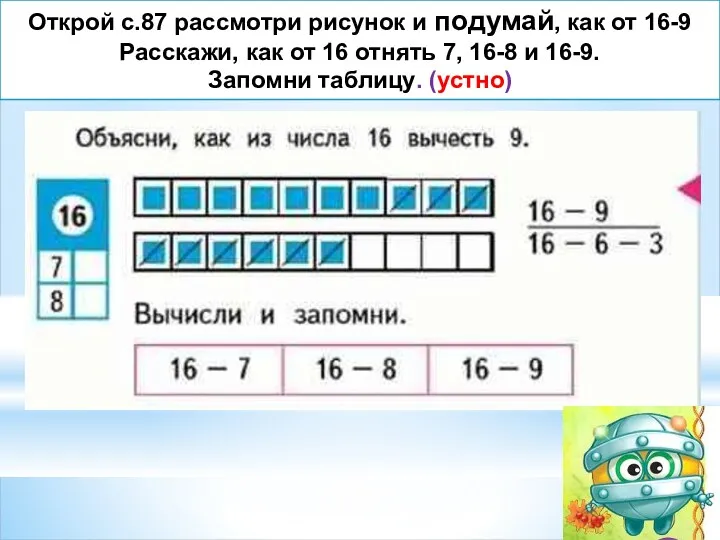 Открой с.87 рассмотри рисунок и подумай, как от 16-9 Расскажи,