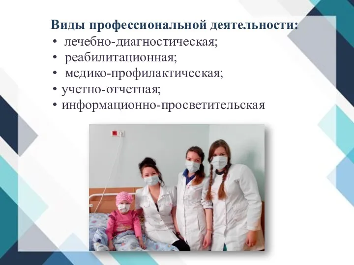 Виды профессиональной деятельности: лечебно-диагностическая; реабилитационная; медико-профилактическая; учетно-отчетная; информационно-просветительская