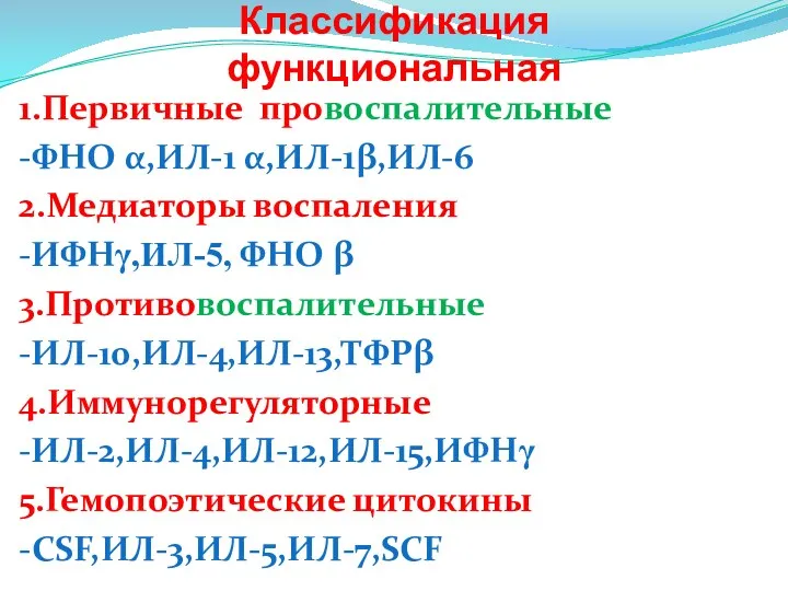 Цитокины. Классификация функциональная 1.Первичные провоспалительные -ФНО α,ИЛ-1 α,ИЛ-1β,ИЛ-6 2.Медиаторы воспаления