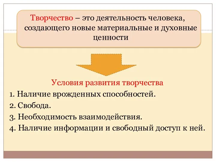 Творчество – это деятельность человека, создающего новые материальные и духовные