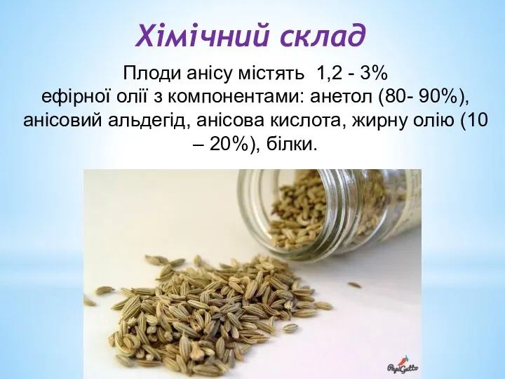 Хiмiчний склад Плоди анiсу мiстять 1,2 - 3% ефiрної олiї