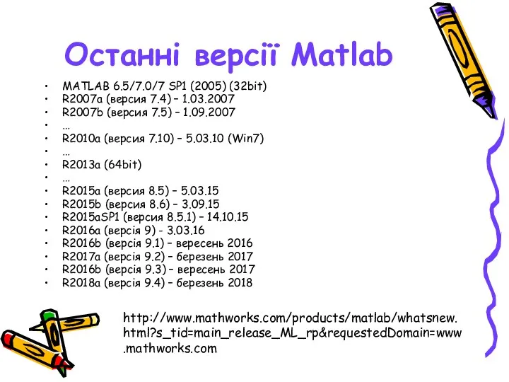 Останні версії Matlab MATLAB 6.5/7.0/7 SP1 (2005) (32bit) R2007a (версия 7.4) – 1.03.2007