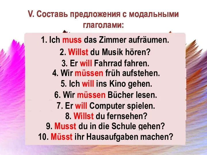 V. Составь предложения с модальными глаголами: 1. das Zimmer, müssen,