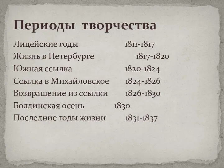 Лицейские годы 1811-1817 Жизнь в Петербурге 1817-1820 Южная ссылка 1820-1824