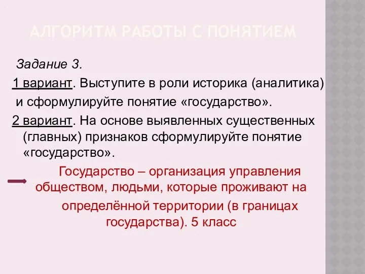 АЛГОРИТМ РАБОТЫ С ПОНЯТИЕМ Задание 3. 1 вариант. Выступите в