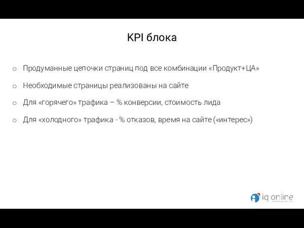 KPI блока Продуманные цепочки страниц под все комбинации «Продукт+ЦА» Необходимые