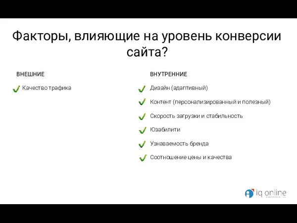 Факторы, влияющие на уровень конверсии сайта? ВНЕШНИЕ Качество трафика ВНУТРЕННИЕ