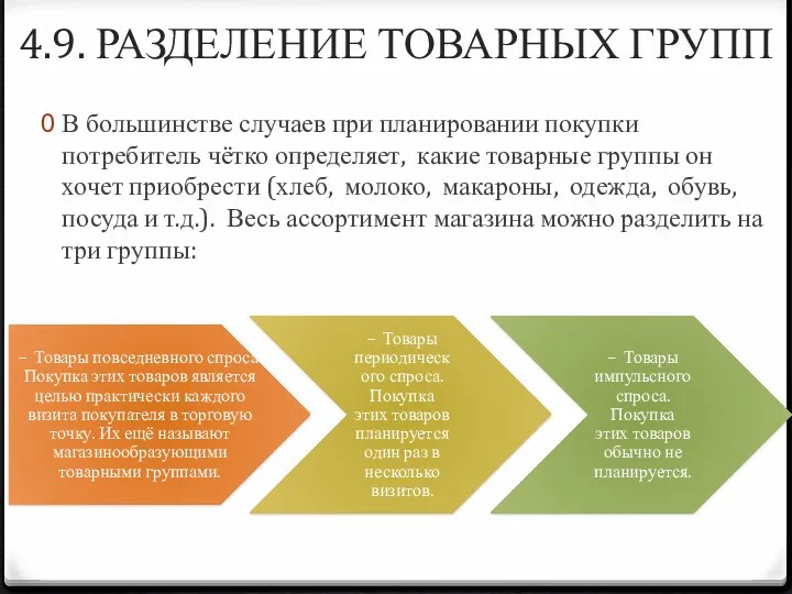 4.9. РАЗДЕЛЕНИЕ ТОВАРНЫХ ГРУПП В большинстве случаев при планировании покупки