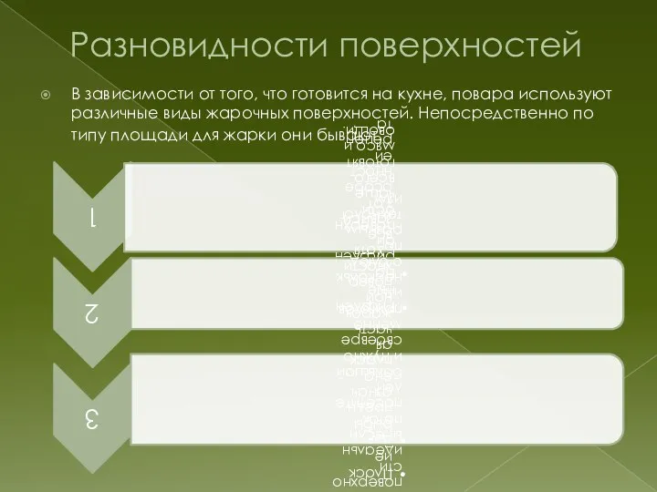 Разновидности поверхностей В зависимости от того, что готовится на кухне,