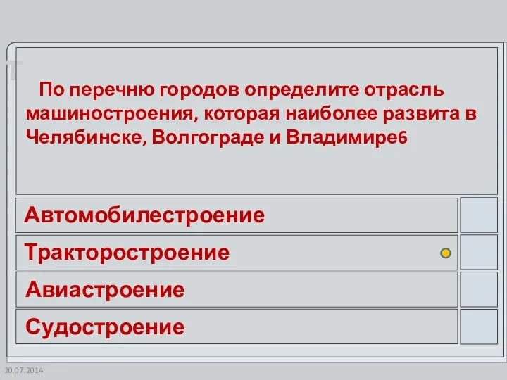 20.07.2014 По перечню городов определите отрасль машиностроения, которая наиболее развита