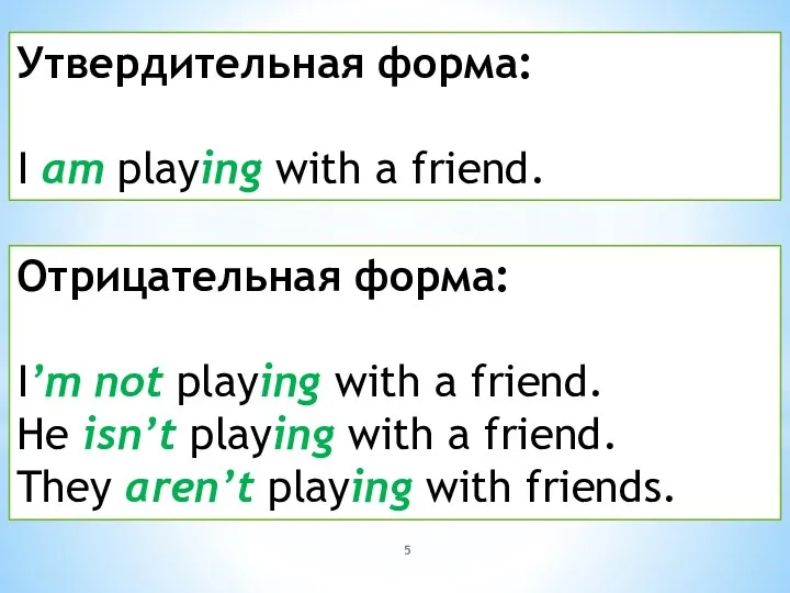 Утвердительная форма: I am playing with a friend. Отрицательная форма: