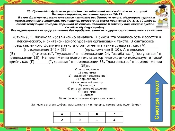 26. Прочитайте фрагмент рецензии, составленной на основе текста, который Вы анализировали, выполняя задания