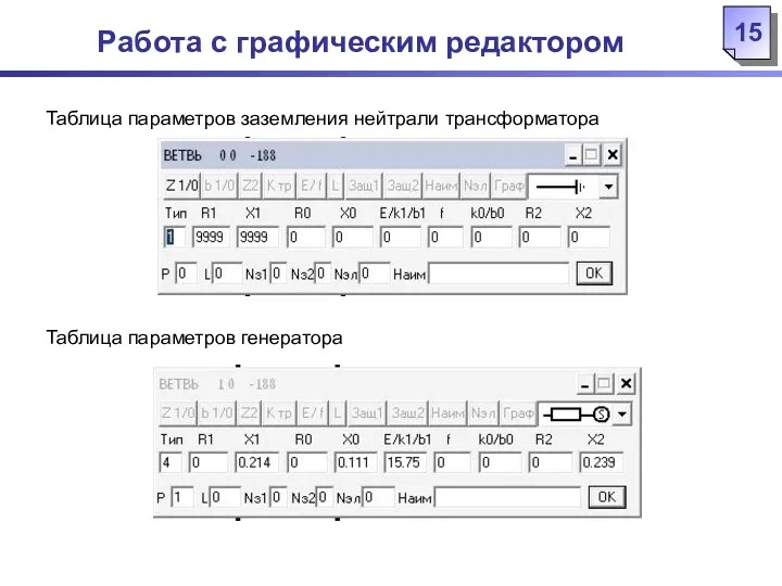 Работа с графическим редактором Таблица параметров заземления нейтрали трансформатора Таблица параметров генератора