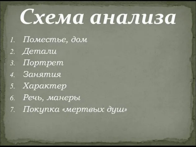 Поместье, дом Детали Портрет Занятия Характер Речь, манеры Покупка «мертвых душ» Схема анализа