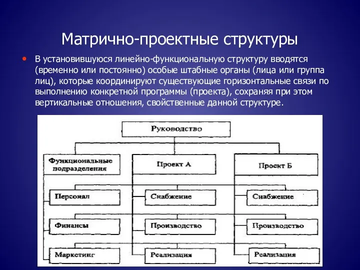 Матрично-проектные структуры В установившуюся линейно-функциональную структуру вводятся (временно или постоянно) особые штабные органы