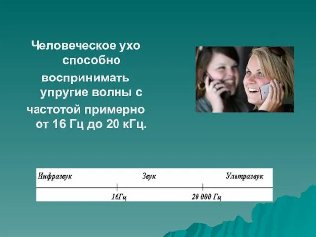 Человеческое ухо способно воспринимать упругие волны с частотой примерно от 16 Гц до 20 кГц.