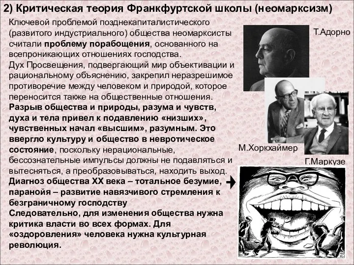 2) Критическая теория Франкфуртской школы (неомарксизм) Ключевой проблемой позднекапиталистического (развитого