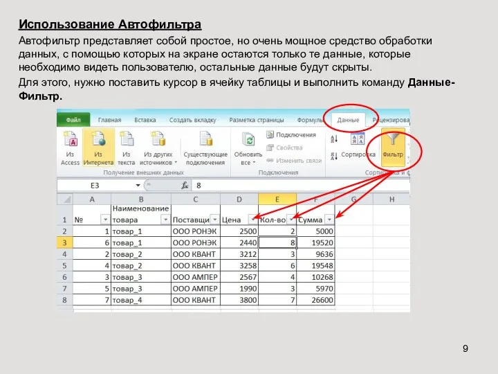 Использование Автофильтра Автофильтр представляет собой простое, но очень мощное средство