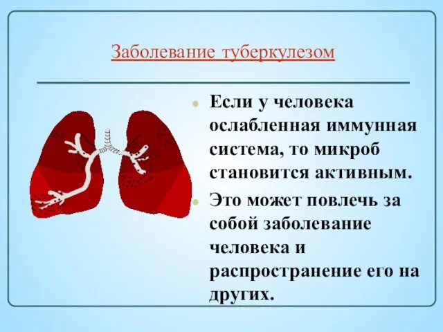 Заболевание туберкулезом Если у человека ослабленная иммунная система, то микроб