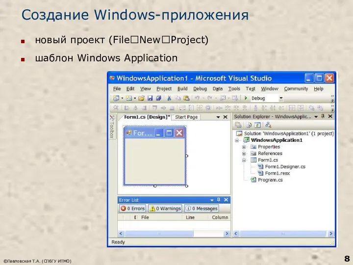 ©Павловская Т.А. (СПбГУ ИТМО) Создание Windows-приложения новый проект (FileNewProject) шаблон Windows Application