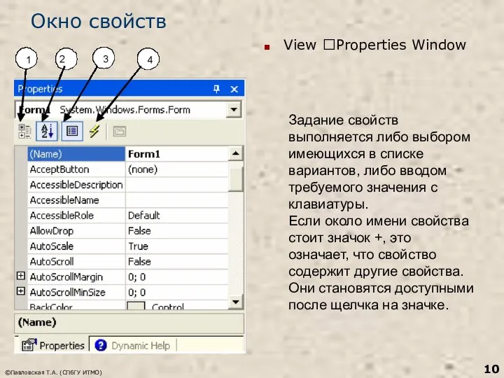 ©Павловская Т.А. (СПбГУ ИТМО) Окно свойств Задание свойств выполняется либо