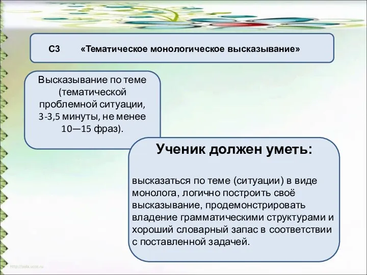 С3 «Тематическое монологическое высказывание» Высказывание по теме (тематической проблемной ситуации, 3-3,5 минуты, не