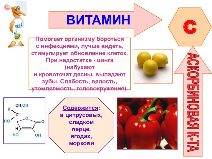 C АСКОРБИНОВАЯ К-ТА Помогает организму бороться с инфекциями, лучше видеть,