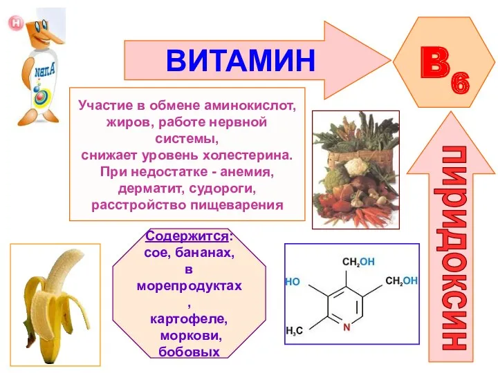 ВИТАМИН B6 пиридоксин Участие в обмене аминокислот, жиров, работе нервной