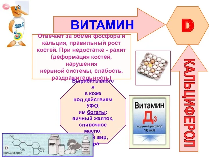 ВИТАМИН D КАЛЬЦИФЕРОЛ Отвечает за обмен фосфора и кальция, правильный