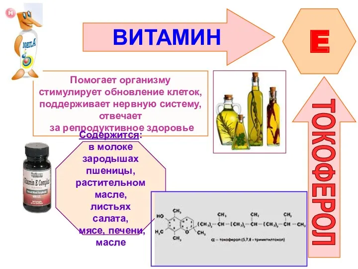 ВИТАМИН E ТОКОФЕРОЛ Помогает организму стимулирует обновление клеток, поддерживает нервную