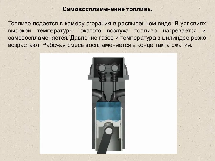Самовоспламенение топлива. Топливо подается в камеру сгорания в распыленном виде.