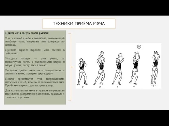 ТЕХНИКИ ПРИЁМА МЯЧА Приём мяча сверху двумя руками Это основной