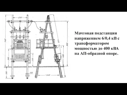 Мачтовая подстанция напряжением 6/0,4 кВ с трансформатором мощностью до 400 кВА на АП-образной опоре.