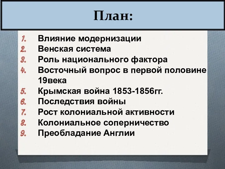 План: Влияние модернизации Венская система Роль национального фактора Восточный вопрос