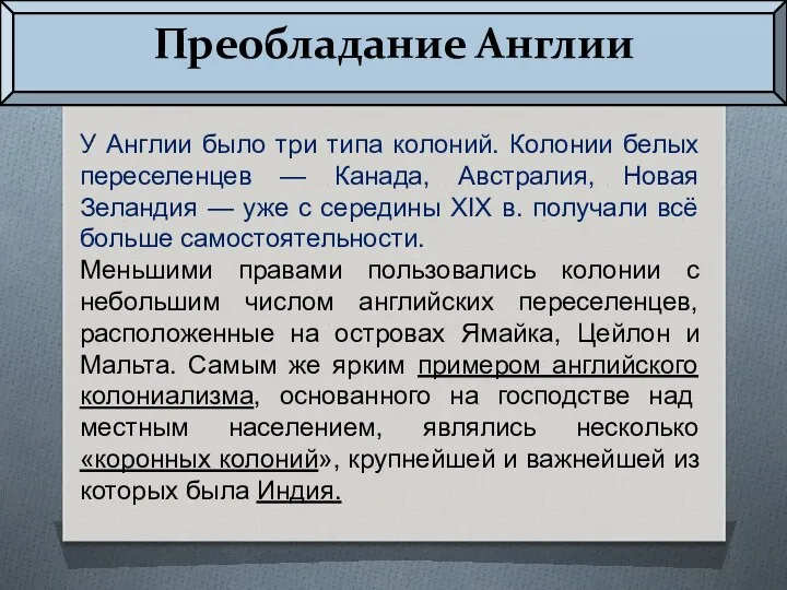 Преобладание Англии У Англии было три типа колоний. Колонии белых