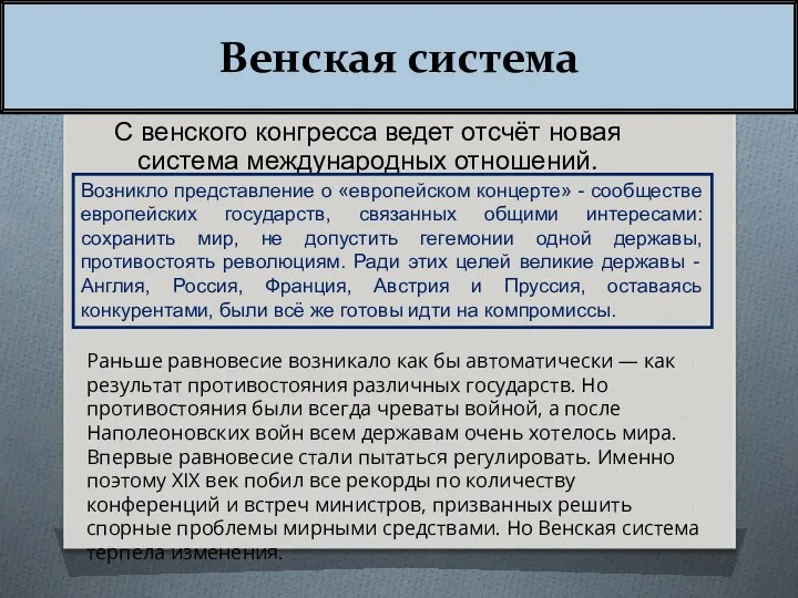 Венская система С венского конгресса ведет отсчёт новая система международных