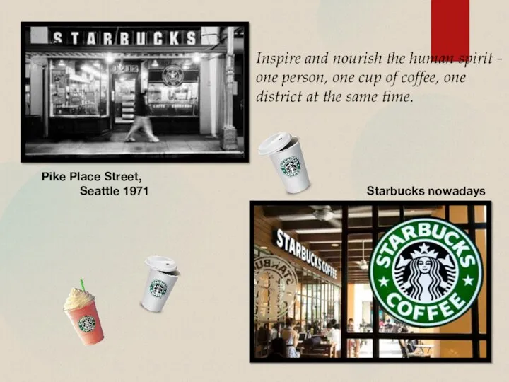 Pike Place Street, Seattle 1971 Starbucks nowadays Inspire and nourish