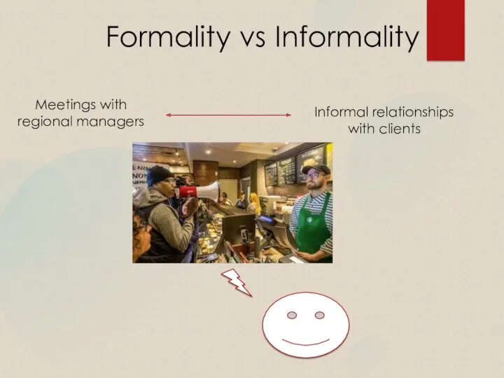 Formality vs Informality Meetings with regional managers Informal relationships with clients