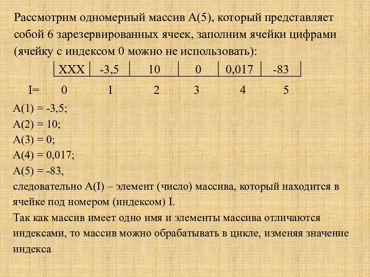 Рассмотрим одномерный массив A(5), который представляет собой 6 зарезервированных ячеек,