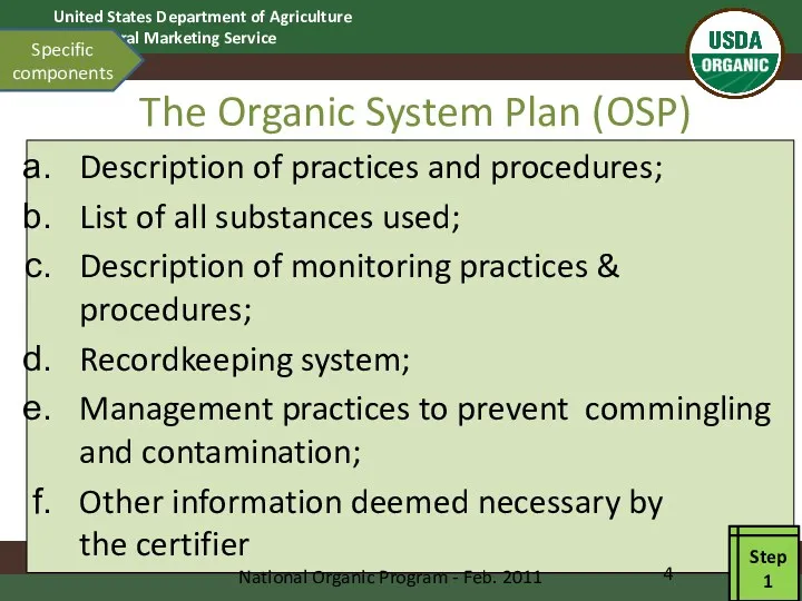 The Organic System Plan (OSP) Description of practices and procedures; List of all