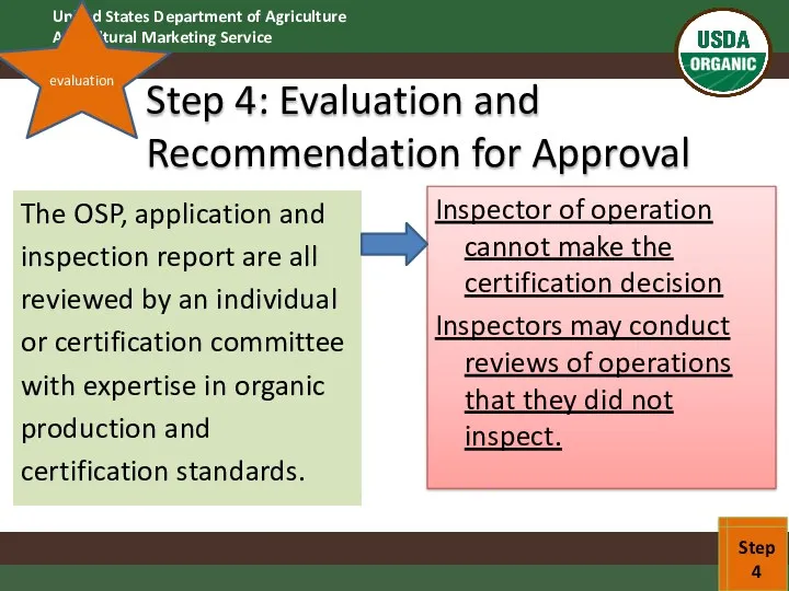 Step 4: Evaluation and Recommendation for Approval The OSP, application and inspection report