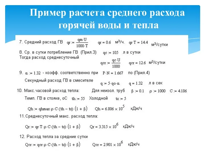 Пример расчета среднего расхода горячей воды и тепла