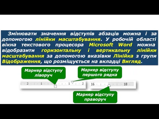 Форматування тексту Змінювати значення відступів абзаців можна і за допомогою