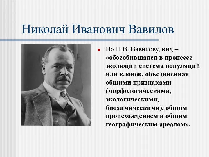 Николай Иванович Вавилов По Н.В. Вавилову, вид – «обособившаяся в процессе эволюции система