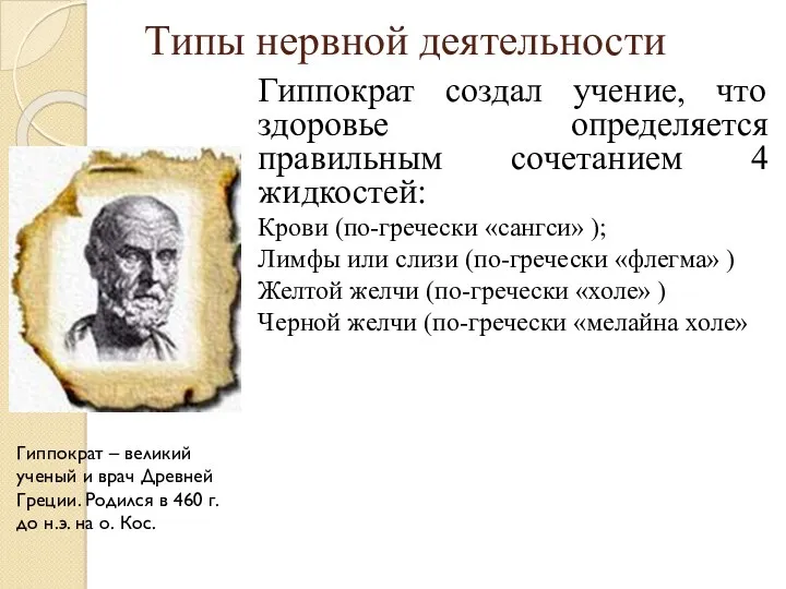 Типы нервной деятельности Гиппократ создал учение, что здоровье определяется правильным